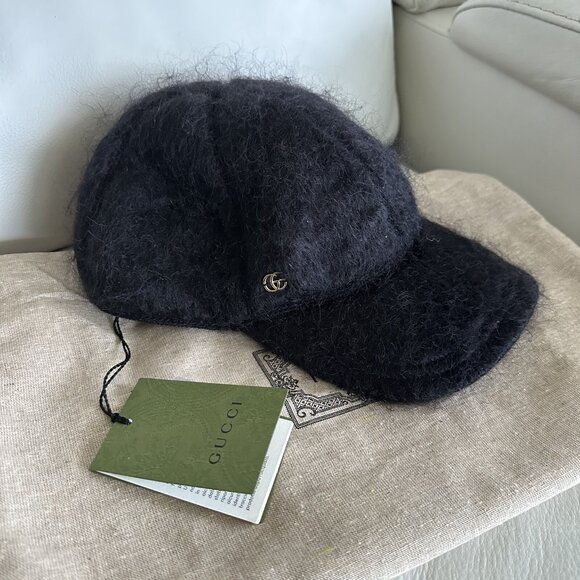 NWT GUCCI MOHAIR-BLEND BASEBALL CAP SZ S BLACK 100% Authentic - Picture 3 of 7